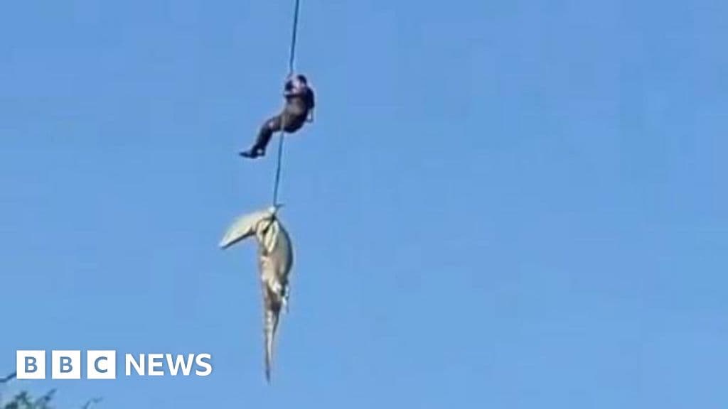 Police officer lowered into crocodile-infested river to recover human remains