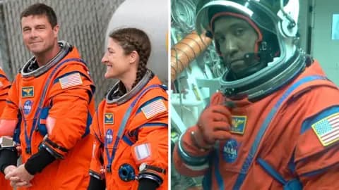 Splitscreen. Left, two astronauts smile at press. Right, an astronaut gives a thumbs up in the rocket.