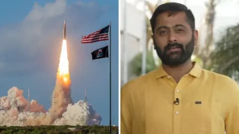 Splitscreen. Left, the Artemis II rocket blasts off. Right, BBC correspondent Arunday Mukharji speaks.