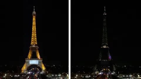 Eiffel tower split screen of lights on and off
