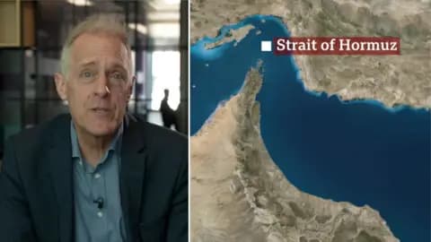 Split screen image featuring Paul Adams and a map showing the Strait of Hormuz