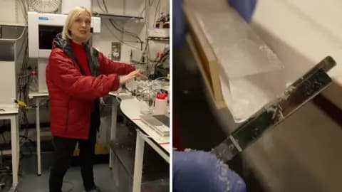 Rebecca Morelle in a red jacket inside a laboratory, and an ice sample being scraped