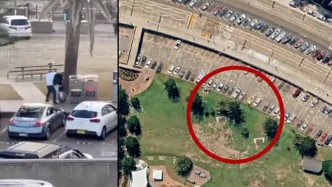 Split screen of google earth shot of car park with a red circle around it and a two men struggling over a weapon.