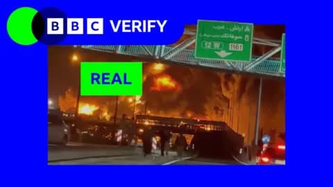 A screenshot of a BBC TikTok video showing an oil depot on fire alongside various comments questioning if it's AI