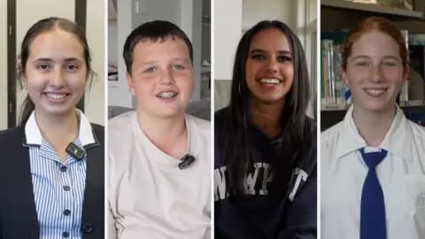 Split screen of four teenagers, three girls and one boy, all smiling down the camera
