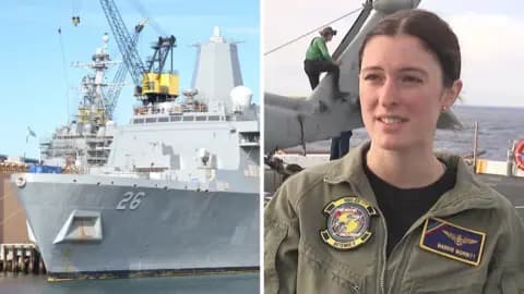 Splitscreen. Left, the USS John P Murtha. Right, a navy aircrewman.