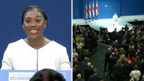 Kemi Badenoch on stage and Tory party conference (left) Crowd giving her a standing ovation (right)