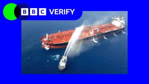 A graphical composite image showing the BBC Verify logo alongside a photo of a ship on fire on the Strait of Hormuz.