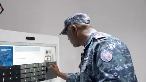 A police officer enters information on a touch screen
