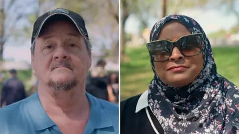 A split screen with a man in blue on the left and a woman with black hijab on the right.