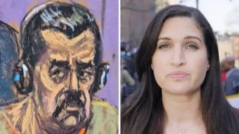 Splitscreen. Left, a court sketch of Maduro. Right, a shot of Nada Tawfik