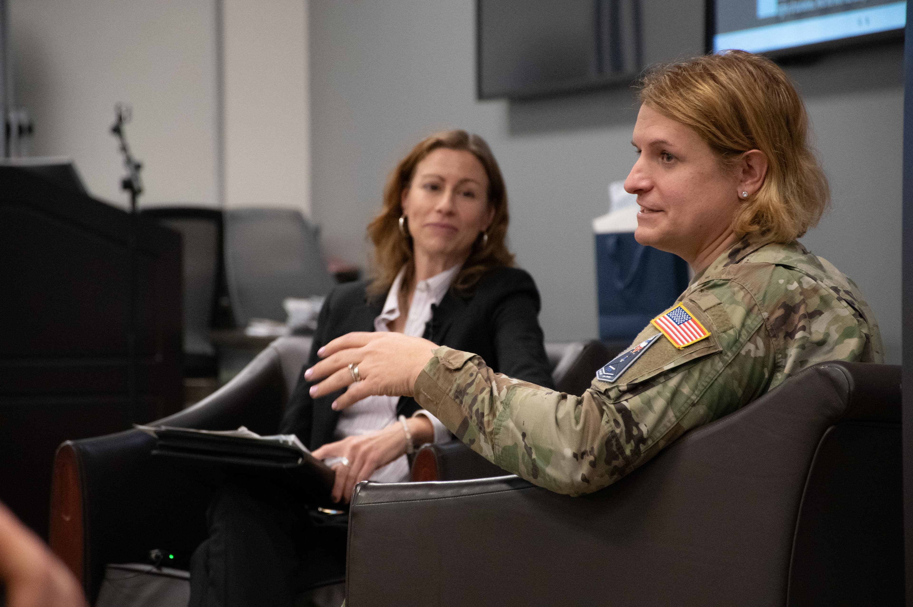 Fram speaks about overcoming challenges to serve in the military during an interview as part of a Defense Counterintelligence and Security Agency speaker series in Quantico, Virginia, on Dec. 19, 2024.