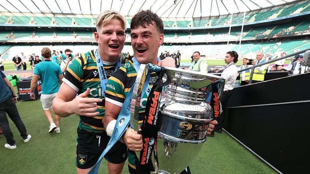 Henry Pollock (L) and George Furbank of Northampton Saints celebrate after their victory over Exeter Chiefs in the Prem final