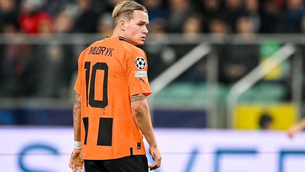 Mykhailo Mudryk looks on during a match with Shakhtar Donetsk in the Uefa Champions League