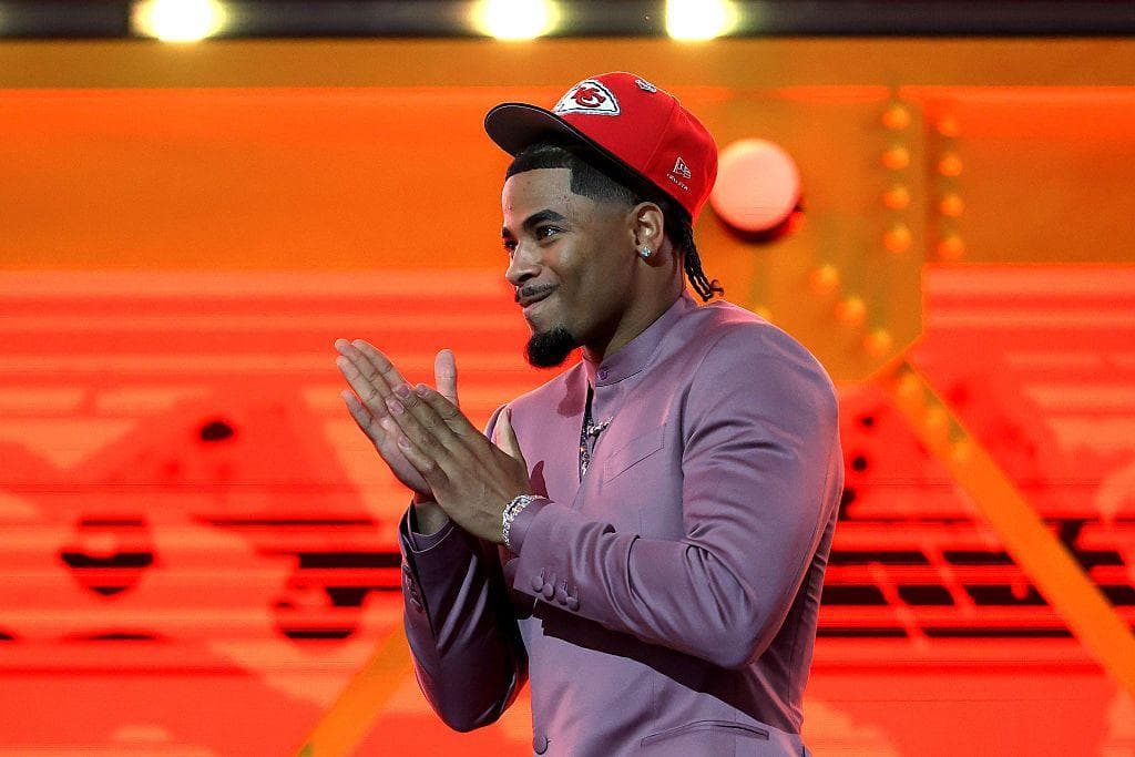 Mansoor Delane celebrates after being selected by the Kansas City Chiefs at the 2026 NFL Draft