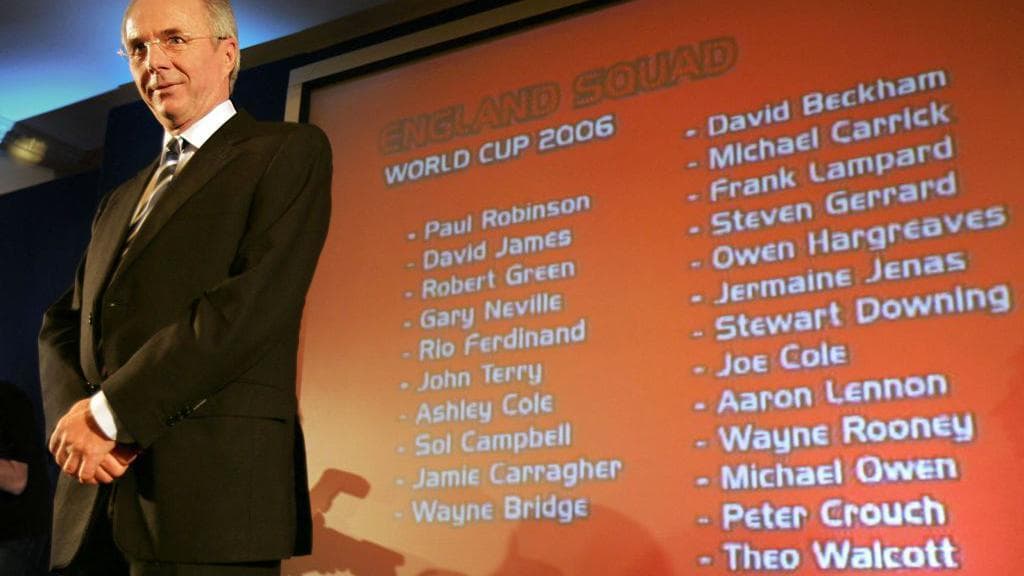 England manager Sven Goran-Eriksson stands in front of a screen showing his squad for the 2006 World Cup