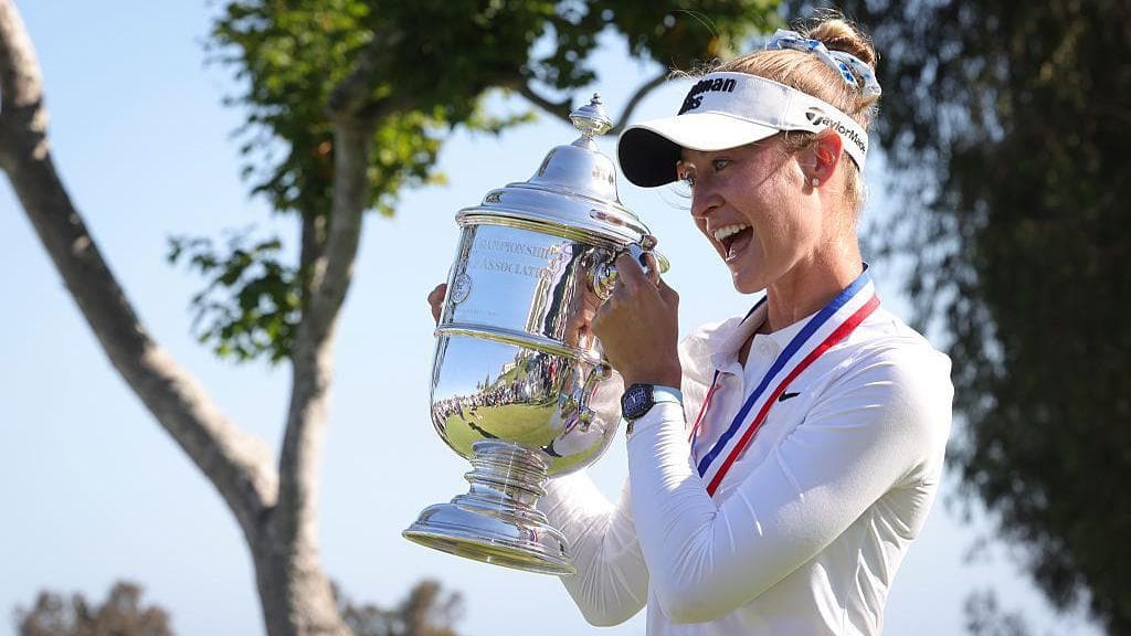 Nelly Korda of the United States poses with the trophy at the Women's US Open
