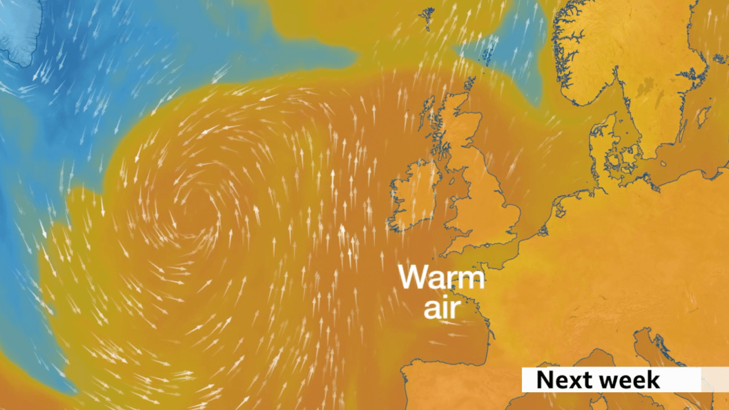 bbc weather graphic showing the airmass where lots of orange fills the map of the UK and Europe as warmer southerly winds develop next week