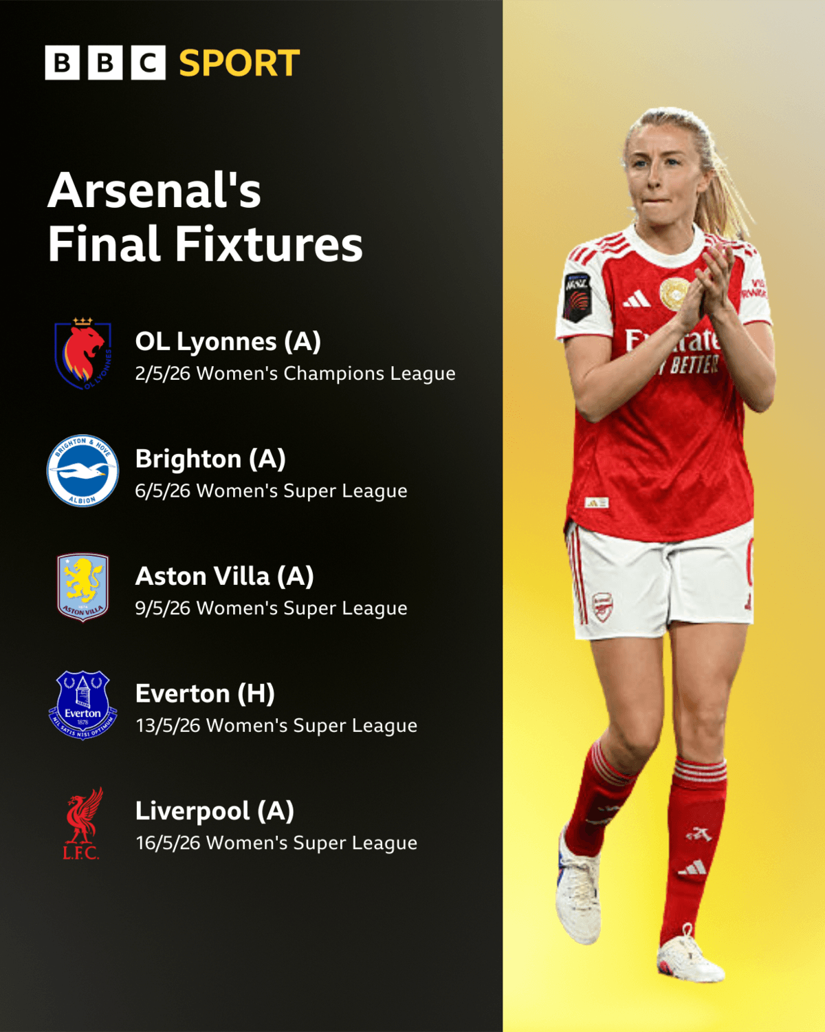 Arsenal's final fixtures of the 2025-26 season with image of Leah Williamson