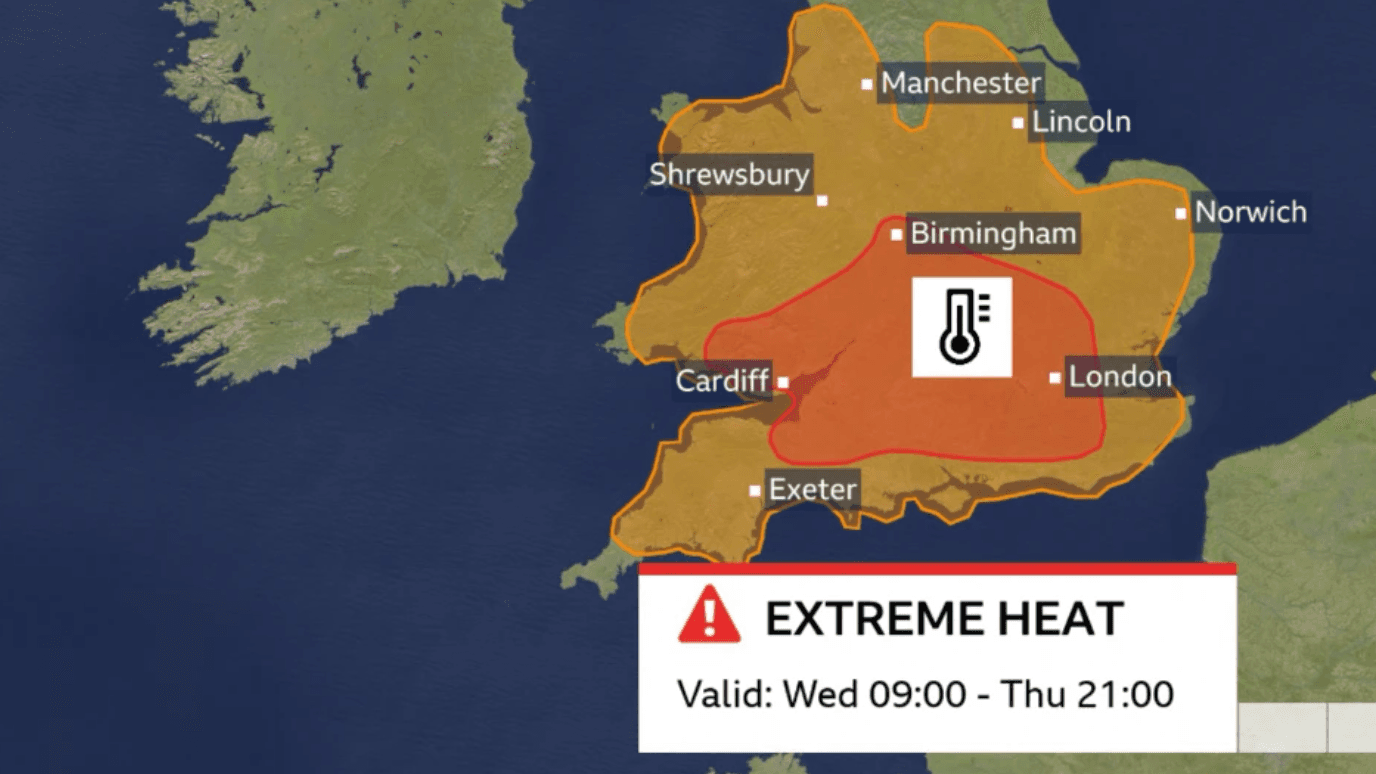 Map of Wales and southern and central England with an amber warning issued across most areas and a small red warning across parts of the Midlands, south-east Wales and southern England