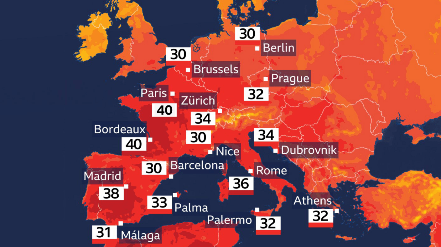 BBC Weather graphic showing Europe with temperatures into the 30s Celsius in major European cities. 40C temperatures are shown in Bordeaux and Paris