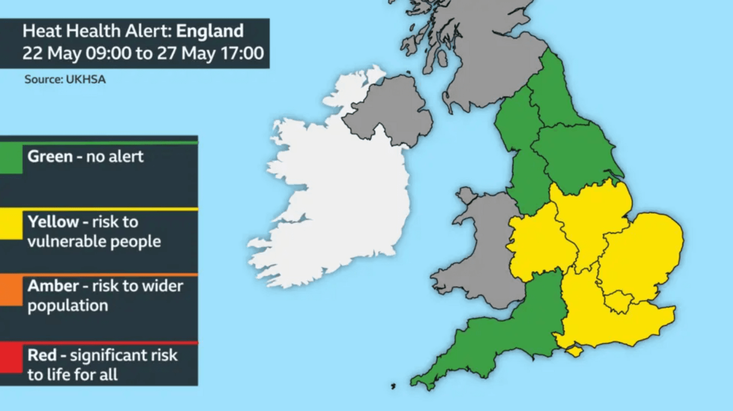 map of England and Wales with the west and east Midlands, East Anglia and south-east England highlighted in Yellow where there is heat-health alert in force from 22 May 0900 to 27 May 1700. Yellow means there is a risk to vulnerable people