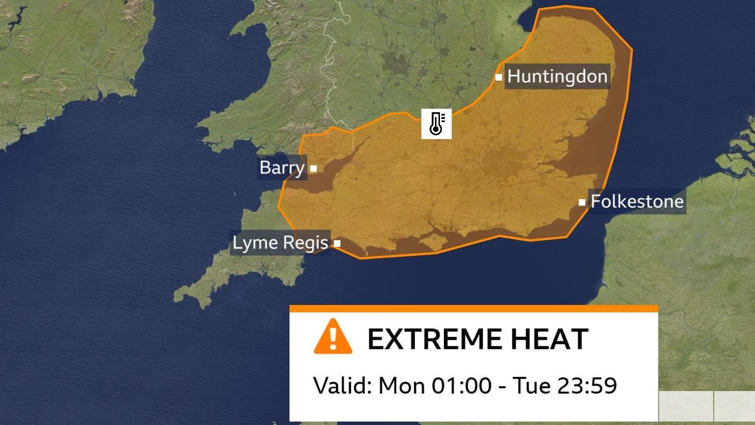 A BBC Weather map showing the amber warning area, covering East Anglia, much of southern England and parts of southeast Wales