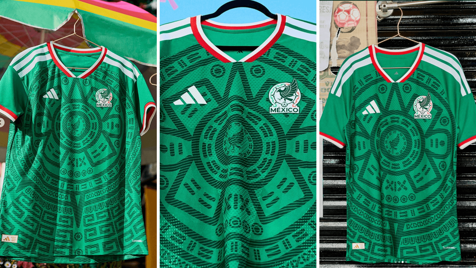 Three images of 2026 Mexico home shirt.