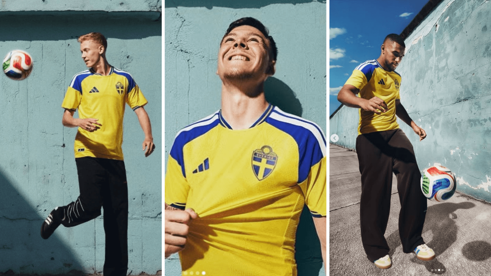 Hugo Larsson (left), Emil Holm (middle) and Isak Hien (right) wear 2026 Sweden home shirt.