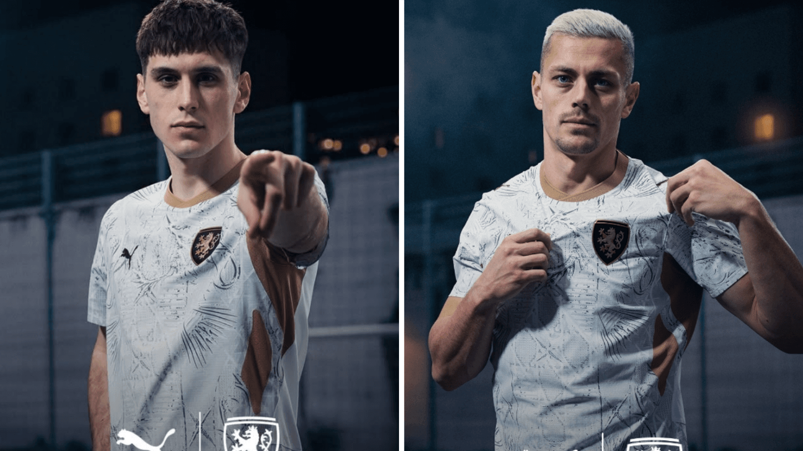 Matyas Vojta and Tomas Holes wear 2026 Czech Republic away shirt.