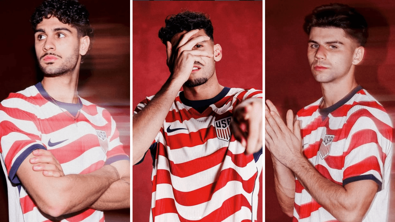Johnny Cardoso (left), Ricardo Pepi (middle) and Max Arfsten (right) wear 2026 USA home shirt.