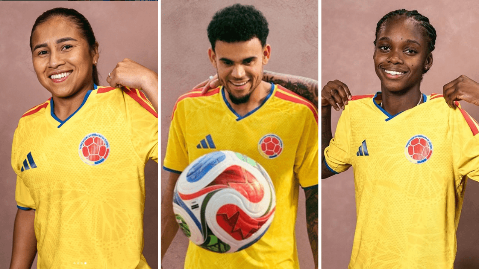 Leicy Santos (left), Luis Diaz (middle), and Linda Caicedo (right) wear 2026 Colombia home shirt.