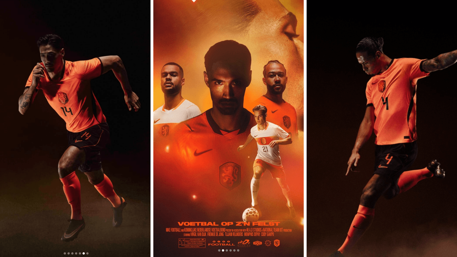 Tijjani Reijnders (left), Cody Gakpo, Frenkie de Jong, Memphis Depay and Virgil van Dijk (right) wear 2026 Netherlands home kit.
