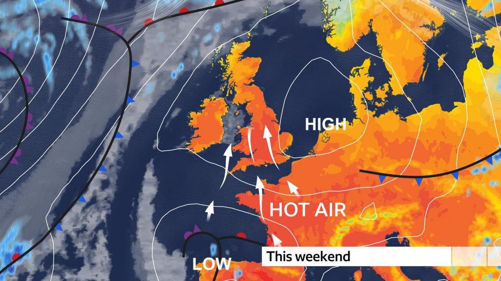 Map of UK and north-west Europe coloured with orange and red shades with arrows indicating the flow of southerly air moving north around high pressure to the east.