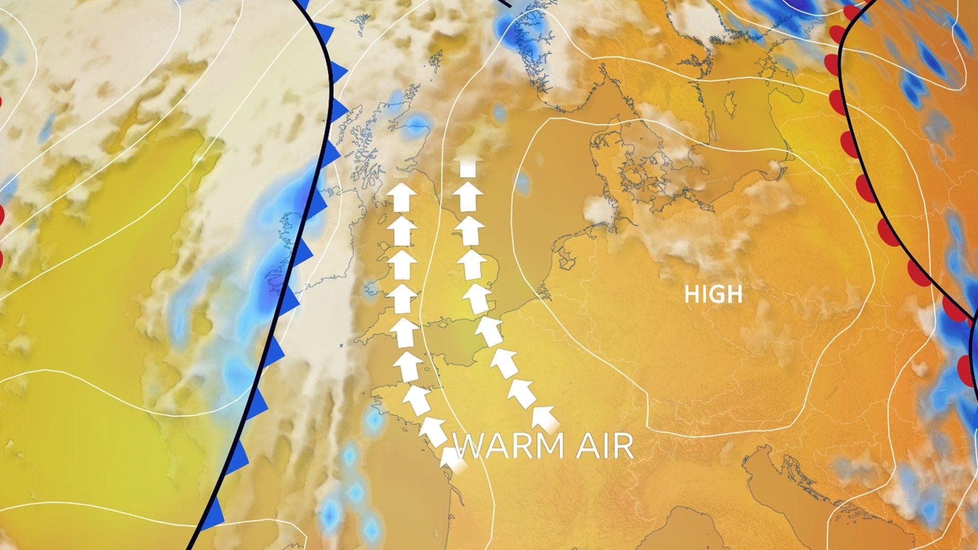 Colour map of UK and Europe showing high pressure the the east of the UK, southerly wind arrows and warm air, and a front with cloud and patchy rain near Northern Ireland and Scotland.