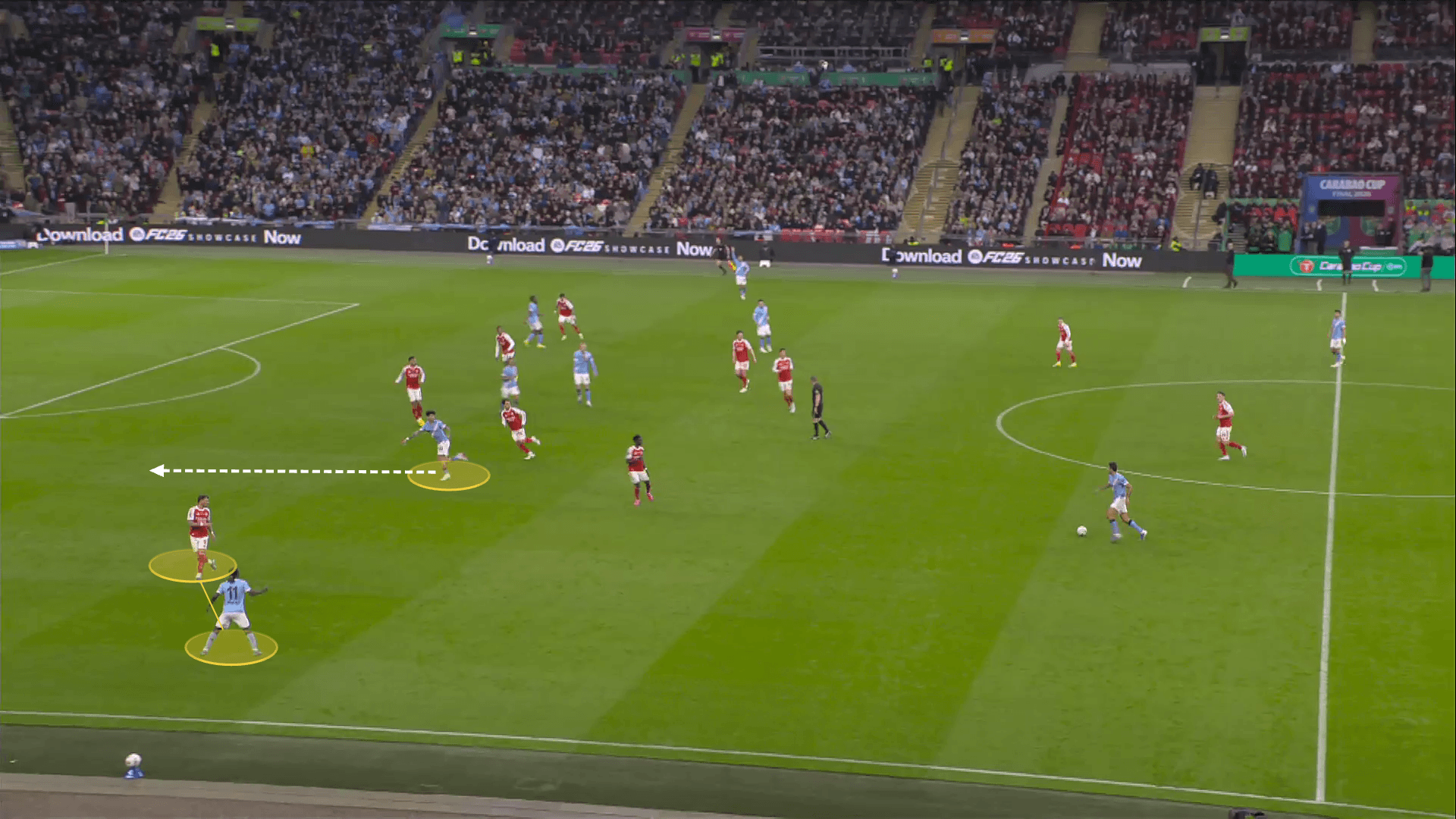Screengrab showing Nico O'Reilly's movement running in behind from a central position against Arsenal this season.