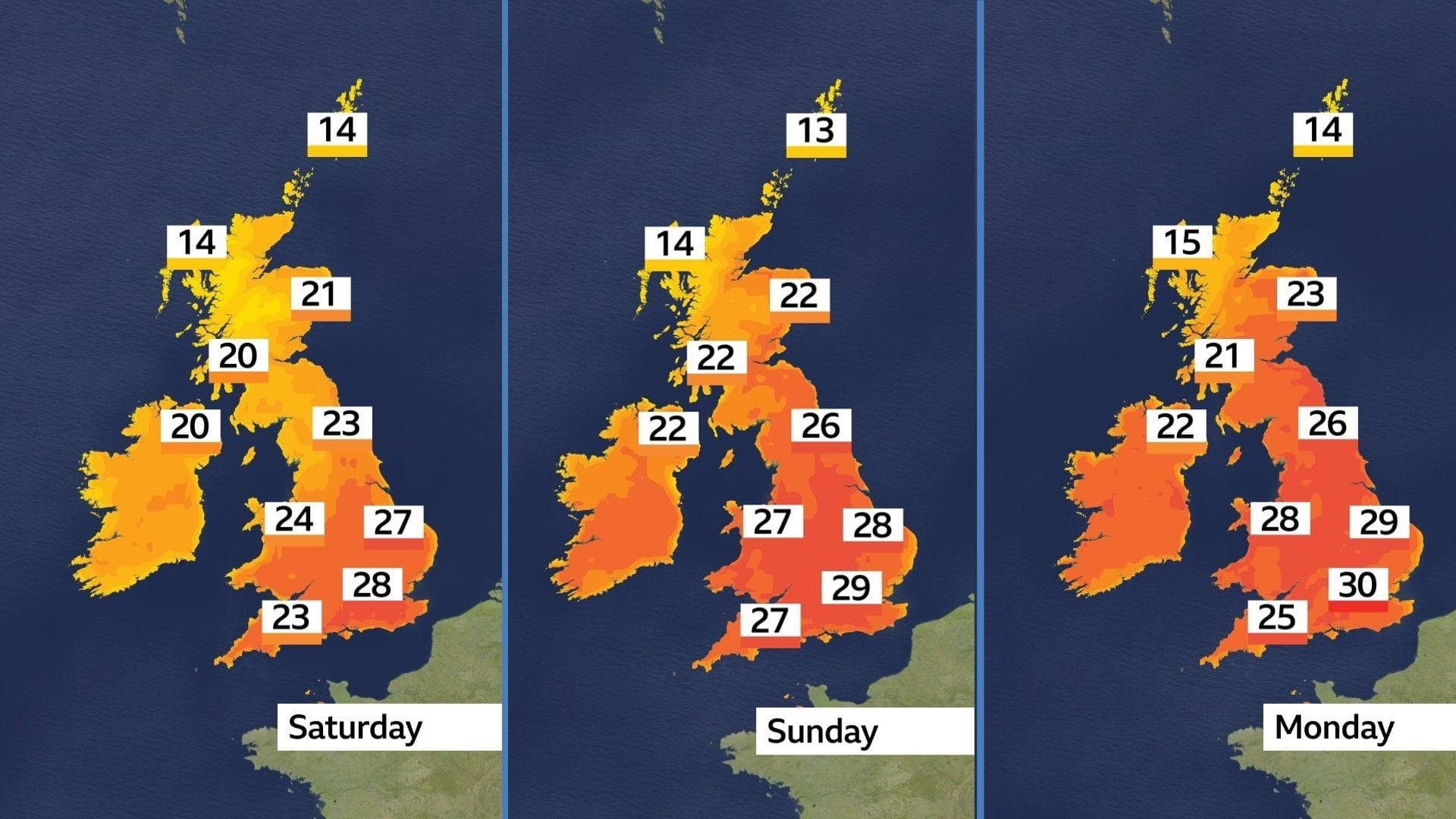 Three colour temperature maps of the UK showing a range of maximum temperatures. On the left, Saturday temperatures showing 14-28 Celsius. In the centre, Sunday temperatures show 13-29 Celsius. On the right, Monday temperatures showing 14-30 Celsius.