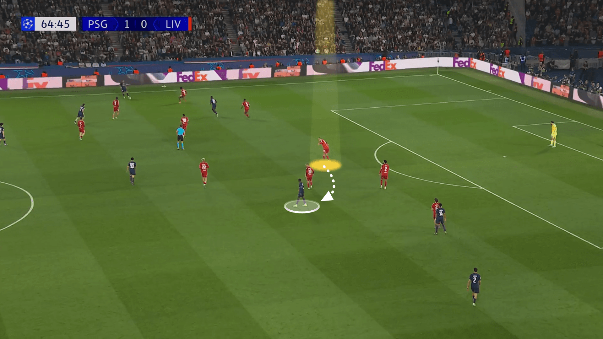 Screengrab from PSG vs Liverpool showing how Dembele's drop-deep movements weren't followed by van Dijk who gestured to a team-mate to pick him up. This movement in turn dragged him away from where PSG were dangerously attacking.