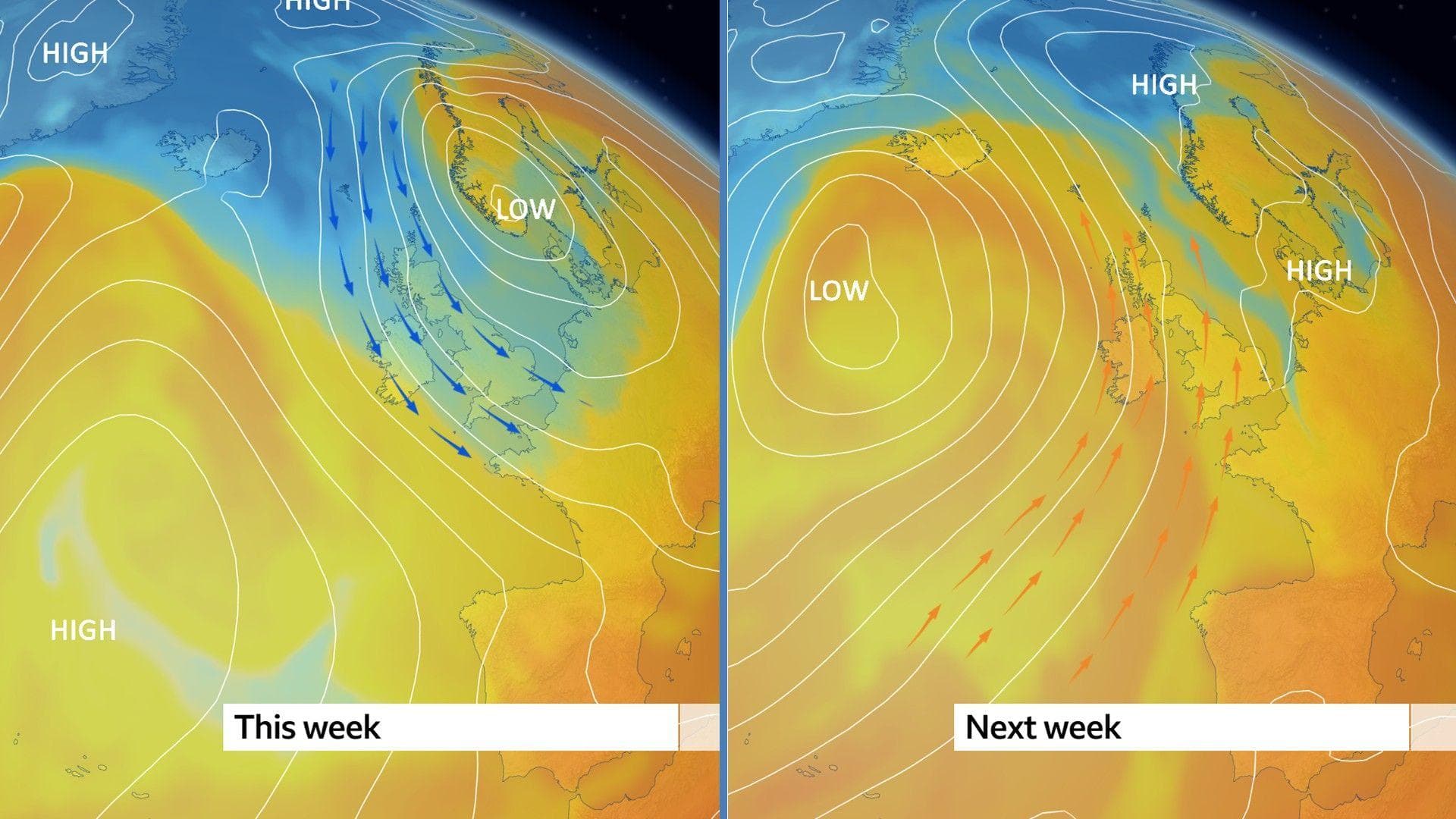 Two weather charts, the first for this week showing high pressure to the west and low pressure to the east - meaning northerly winds - the second showing low pressure to the west and high pressure to the east, giving southerly winds.