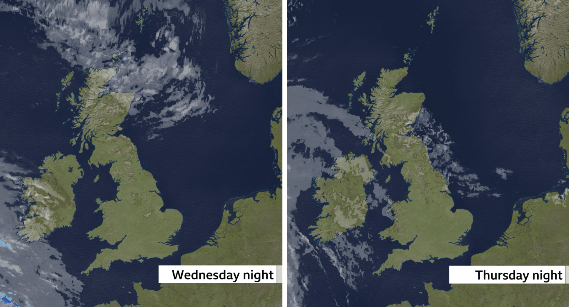 Two maps of the UK for Wednesday night and Thursday night. Both showing mostly clear skies across the UK