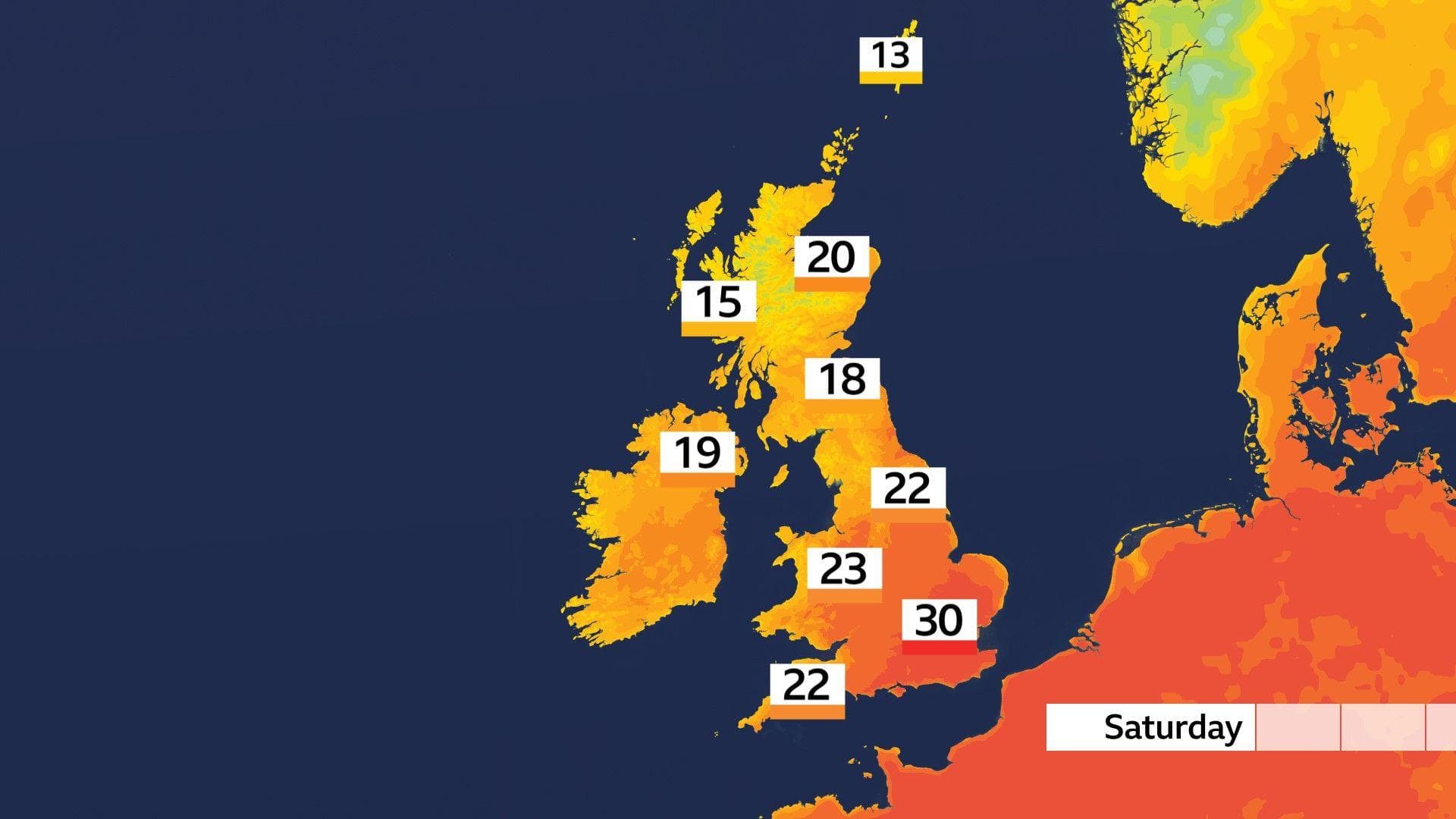 Heat map of the UK showing temperatures of 22 in the South West, 30 for London, 23C for Wales and the West Midlands, 22 for Yorkshire and The Humber, 18 for the North East, 19 across Northern Ireland, 15 in Western Scotland, 20 on the east coast of Scotland and 13 in the Shetland Isles.