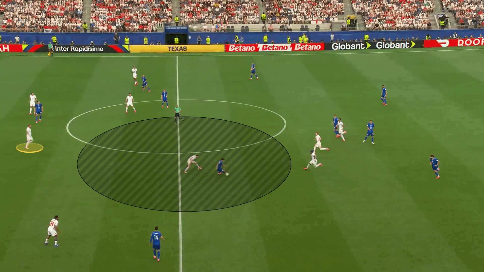 Screengrab from England vs Croatia with a crosshatched circle area to indicate the space in midfield after an England turnover following an unsuccessful long ball.