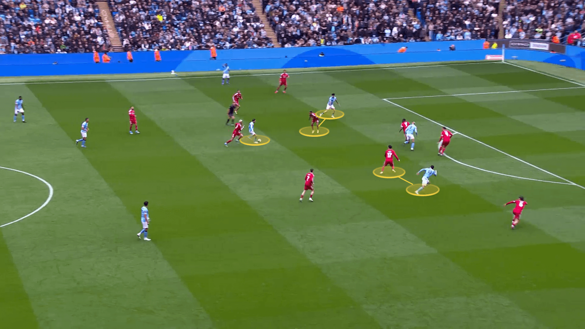 Screengrab showing Bernardo Silva positioned in the middle of the pitch on the ball with Nico O'Reilly to his left and Rayan Cherki to his right as attacking midfielders. Liverpool's midfield pairing in their 4-4-2 shape mark O'Reilly and Cherki, leaving Bernardo unmarked on the ball.