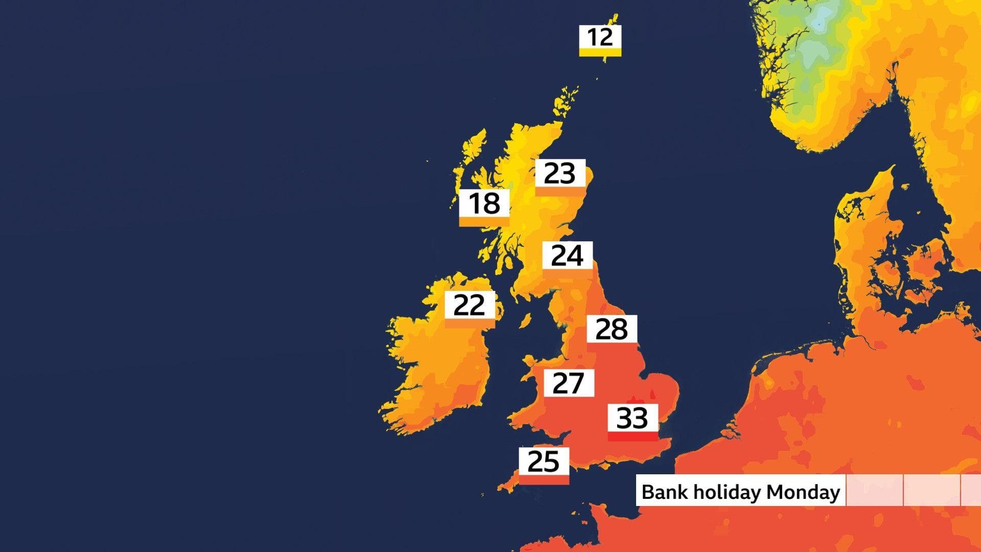 Heat map of the UK showing temperatures of 25 in the South West, 33 for London, 27C for Wales and the West Midlands, 28 for Yorkshire and The Humber, 24 for the North East, 22 across Northern Ireland, 18 in Western Scotland, 23 on the east coast of Scotland and 12 in the Shetland Isles