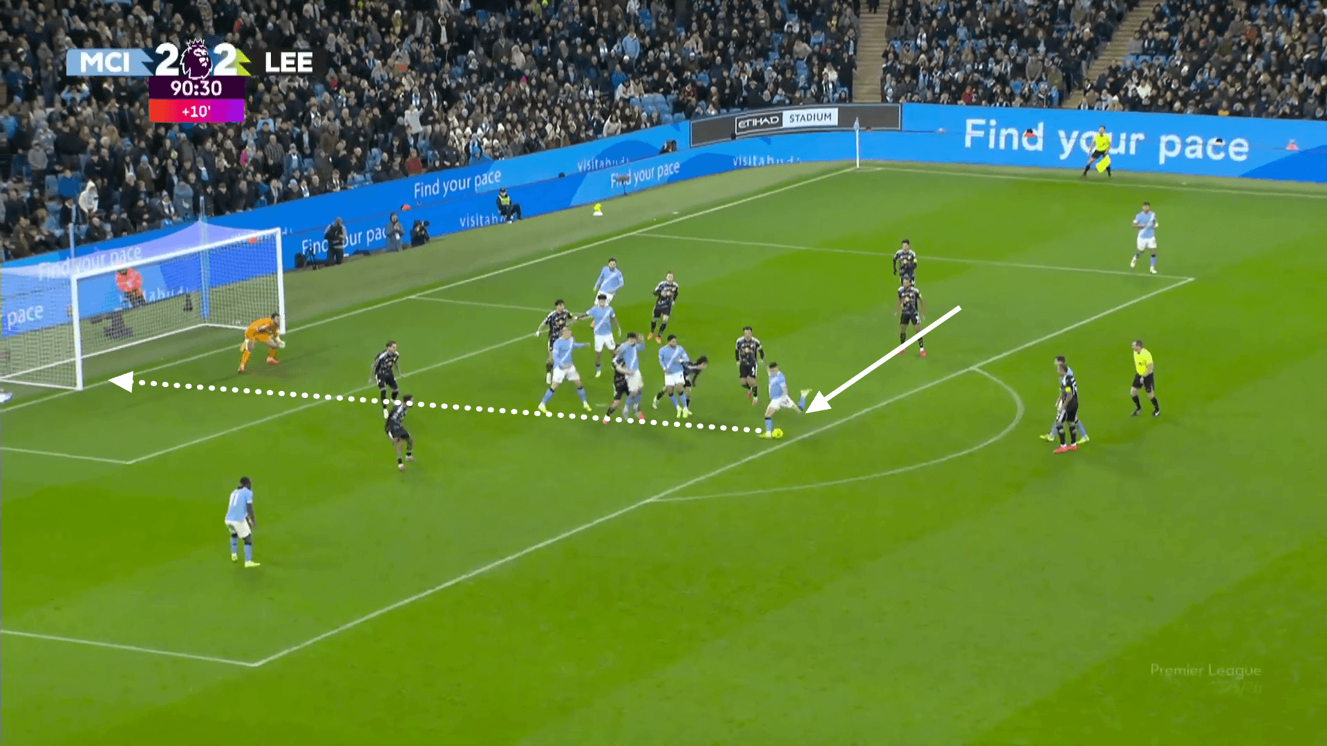 Screengrab from City's winner against Leeds in which Foden, starting as a right winger cuts inside and shoots from the centre of the box.
