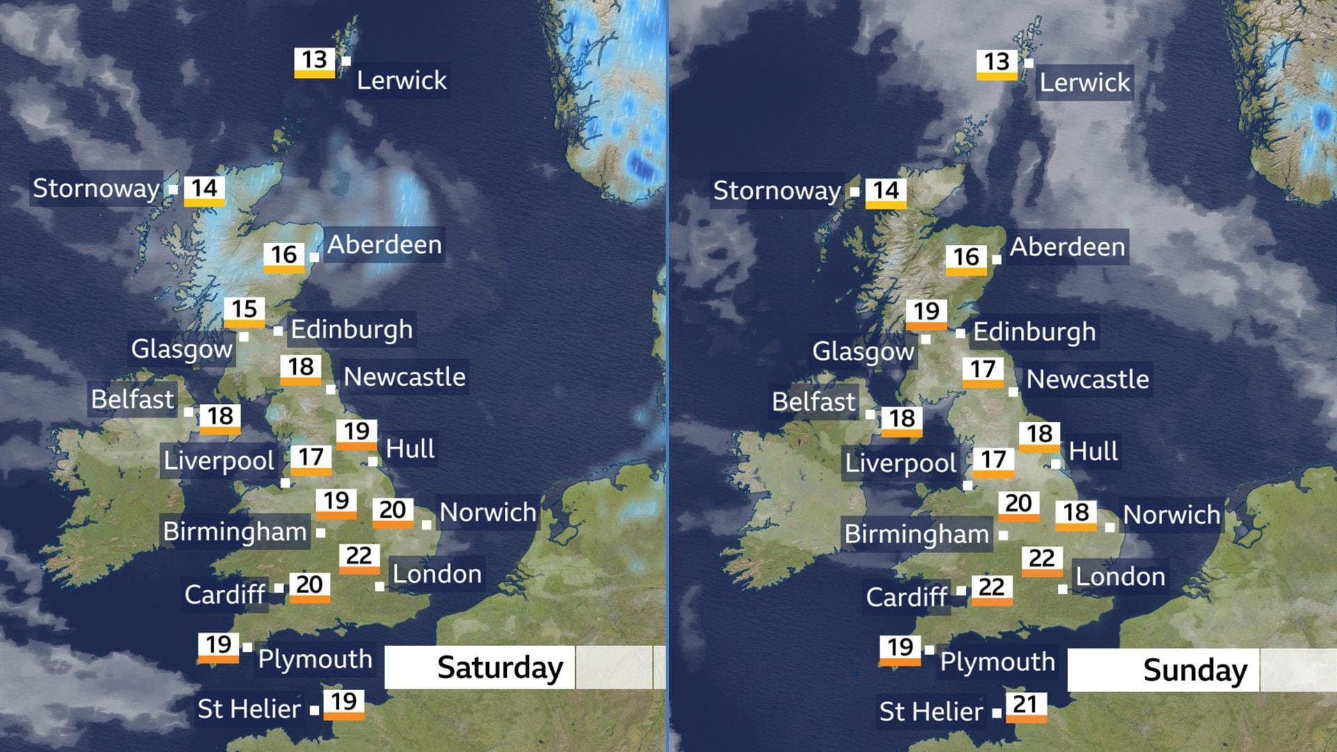 Two weather maps - one for Saturday, with temperatures ranging from 13C in Lerwick to 22C in London, and one for Sunday, with temperatures ranging from 13C in Lerwick to 22C in Cardiff and London