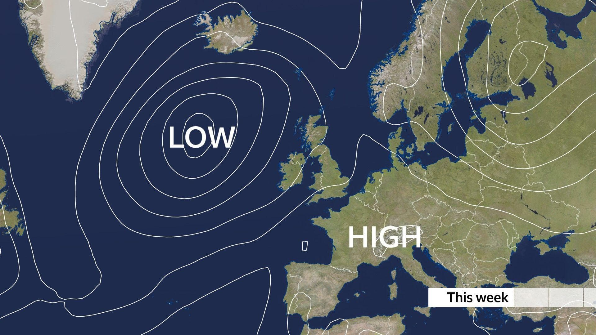 Weather chart for this week showing high pressure across central and southern Europe, and low pressure in the North Atlantic.