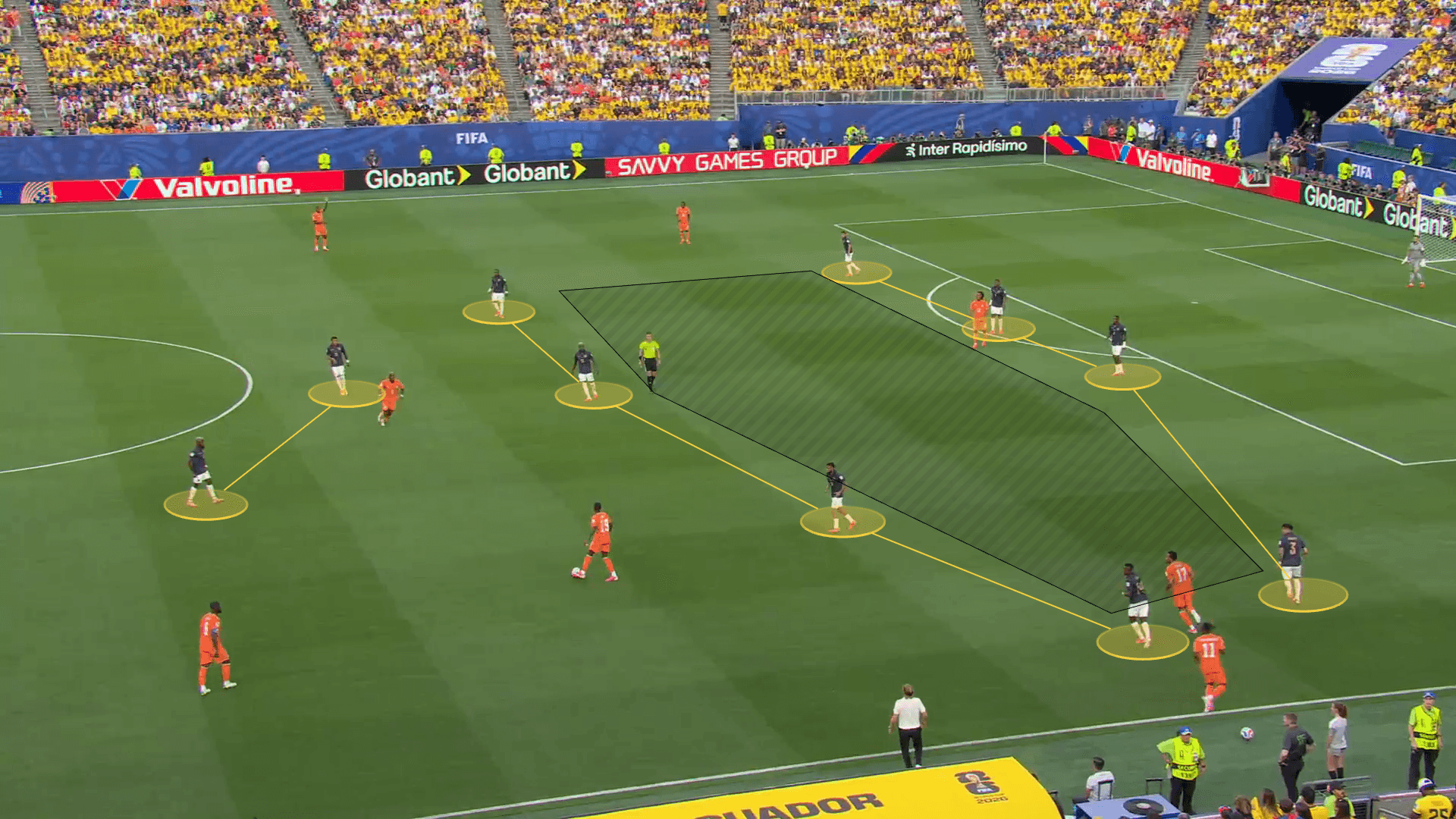Screengrab from Ecuador vs Ivory Coast. Annotated is Ecuador's 4-4-2 shape and the space between their midfield and defensive line.