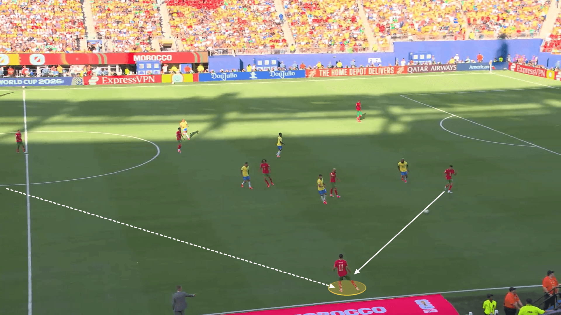Screengrab from Morocco vs Brazil showing Saibari's movement from a natural striking position to a left back zone to pick up the ball unmarked