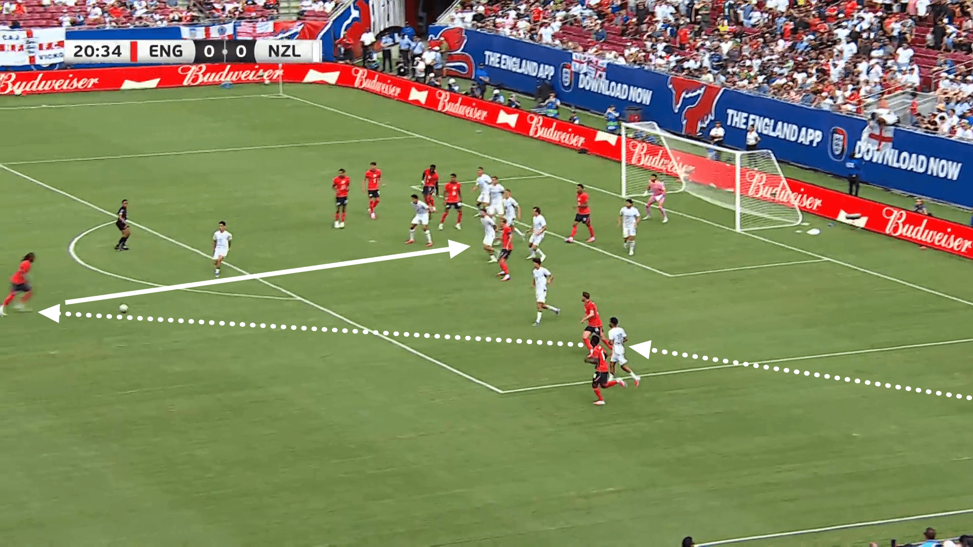 An image showing the movement of the ball after playing a corner short. It moves inside the 18-yard box, then is passed out to the edge of the area